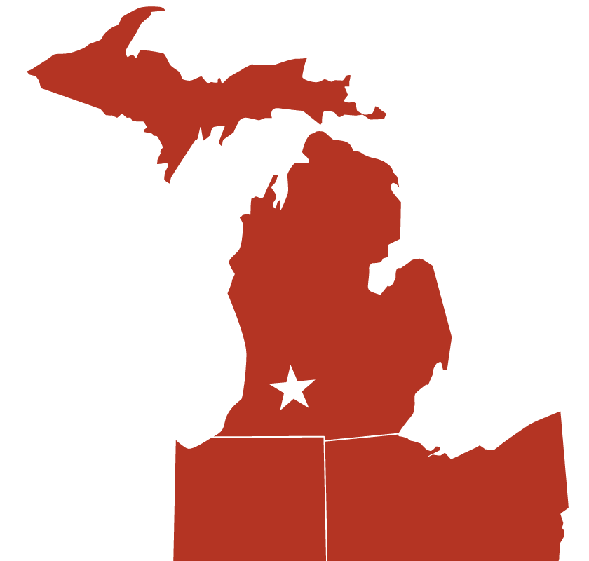 Map of Michigan and Northern Indiana and Ohio with star over Battle Creek, MI designating the location of the shop.